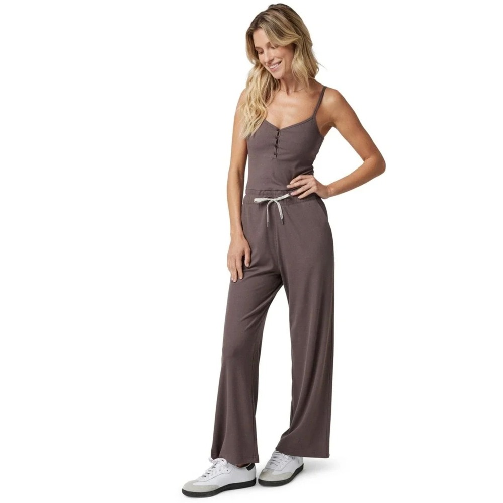 Vuori Pose Henley Ribbed Wide Leg Jumpsuit Chocolate Brown Taupe Womens Medium